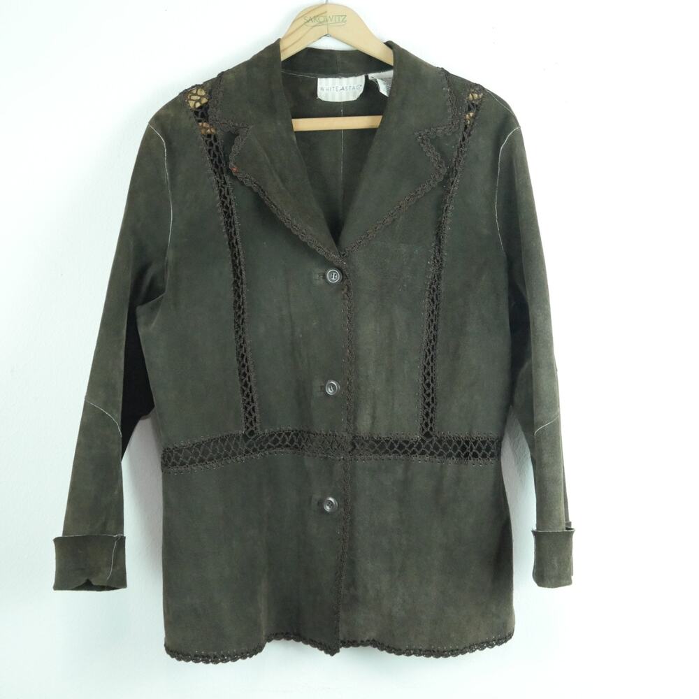 Vintage Large Suede Jacket Patchwork Crochet Brown Western Romance Boho 90s Y2K